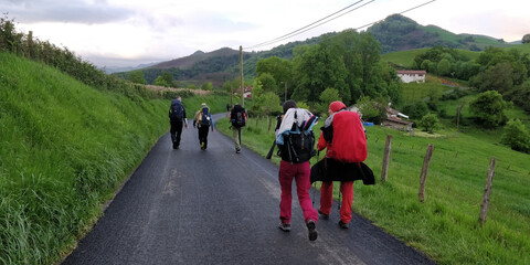 pilgrims on their backs walking on paved road
