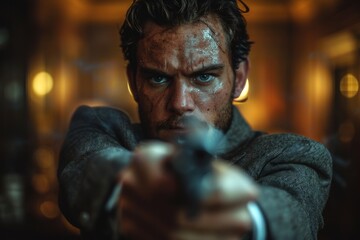 A compelling close-up of a man with an intense expression aiming a pistol, conveying drama and action