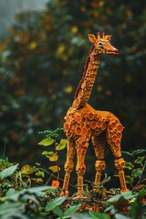 giraffe made of bricks in a forest