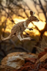 Fototapeta premium kangaroo leaps over a rock at sunset