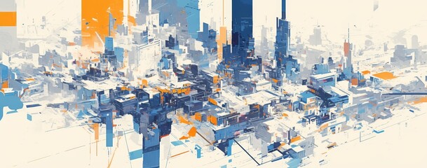 abstract painting of city skyline, tall buildings