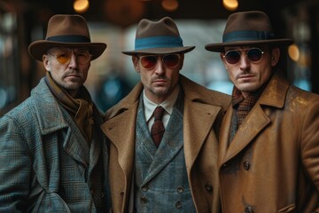 Three stylish men wearing vintage coats, hats, and sunglasses, evoking a classic, retro vibe in a modern setting - obrazy, fototapety, plakaty