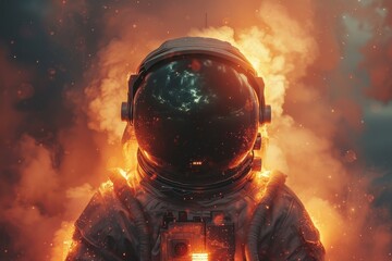 Astronaut engulfed in flames with a universe reflected in the helmet creates a powerful scene