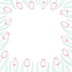 Tulip flowers frame, border. Hand drawn line art illustration. Spring blossoms, pink blooms, decorative florals. Vector design. Mothers Day, Easter, seasonal, botanical drawing - 780767473
