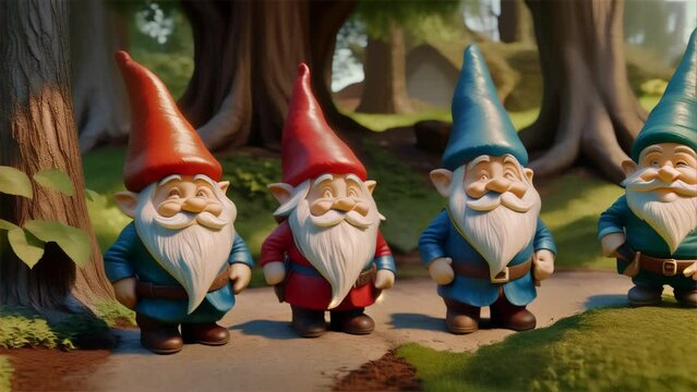 Three Cheerful Garden Gnomes Stand In A Sunlit Forest, Each Wearing A Pointed Hat And Displaying A Friendly Smile