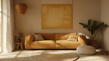 Warm-toned living space with velvet sofa and natural decor elements, Modern minimalist
