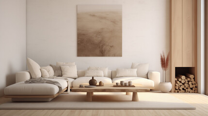 Fototapeta na wymiar Modern minimalist living room with neutral tones and wood accents