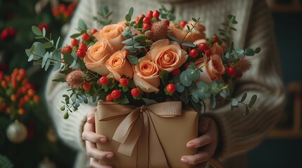 A close-up shot of hands with bouquet in elegant paper and ribbon. AI generate illustration
