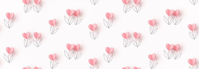 Hearts flowers hand drawn seamless pattern. Valentine pink floral template. Mother's day background with paper tulips. Vector symbols of love for print, fabric, packaging, cover design