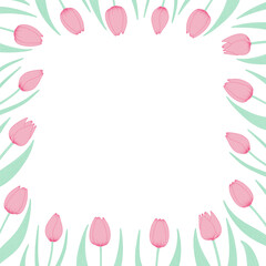 Tulip flowers frame, border. Hand drawn line art illustration. Spring blossoms, pink blooms, decorative florals. Vector design. Mothers Day, Easter, seasonal, botanical drawing - 780768444