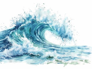 Wave clipart with foam crashing on the shore,Clipart, watercolor illustration, Perfect for nursery art The style is handdrawn, white background
