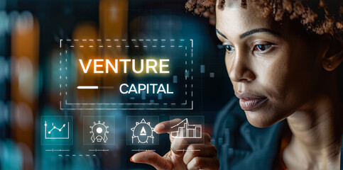 Entrepreneur Exploring Venture Capital Opportunities for Startups with Virtual Investment and Growth Strategy Interface - obrazy, fototapety, plakaty