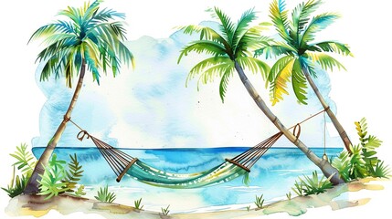 Tropical island clipart with a hammock,Clipart, watercolor illustration, Perfect for nursery art The style is handdrawn, white background