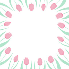 Tulip flowers frame, border. Hand drawn flat illustration. Spring blossoms, pink blooms, decorative florals. Vector design. Mothers Day, Easter, seasonal, botanical drawing - 780768689