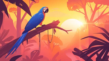 Fotobehang Koraal Arara Azul na floresta ao por do sol rosa - Ilustração