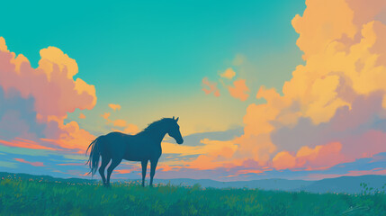 Cavalo na planice ao por do sol rosa - Ilustração 