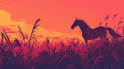 Cavalo na planice ao por do sol rosa - Ilustração  - obrazy, fototapety, plakaty