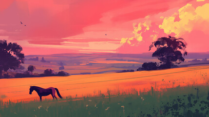 Cavalo no campo ao por do sol rosa - Ilustração - obrazy, fototapety, plakaty