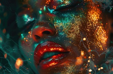 Enigmatic Portrait of a Woman Adorned with Glitter and Lights