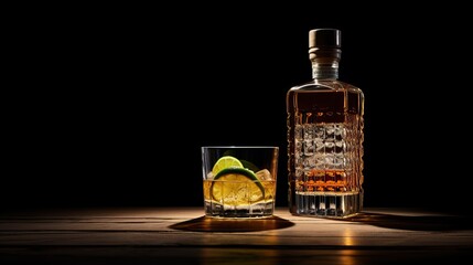 A glass of whiskey with lime and a bottle on a wooden surface against a dark background - obrazy, fototapety, plakaty