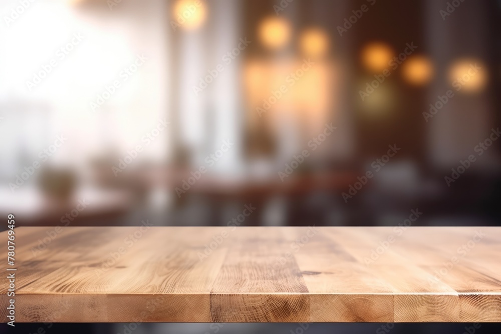 Poster the empty wooden table top with blur background of empty room . exuberant image. generative ai