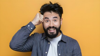 Cheerful Bearded Guy's 'Facepalm' Moment with a Grin. Concept Outdoor Photoshoot, Colorful Props, Joyful Portraits, Playful Poses, Facial Expressions - obrazy, fototapety, plakaty