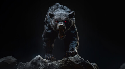 evil looking bear. Black background. With copy space for text. Fierce animal concept. Red glowing eyes. Horror and mystery theme. growling and roaring. Wild animal. sharp teeth. Attack pose - obrazy, fototapety, plakaty