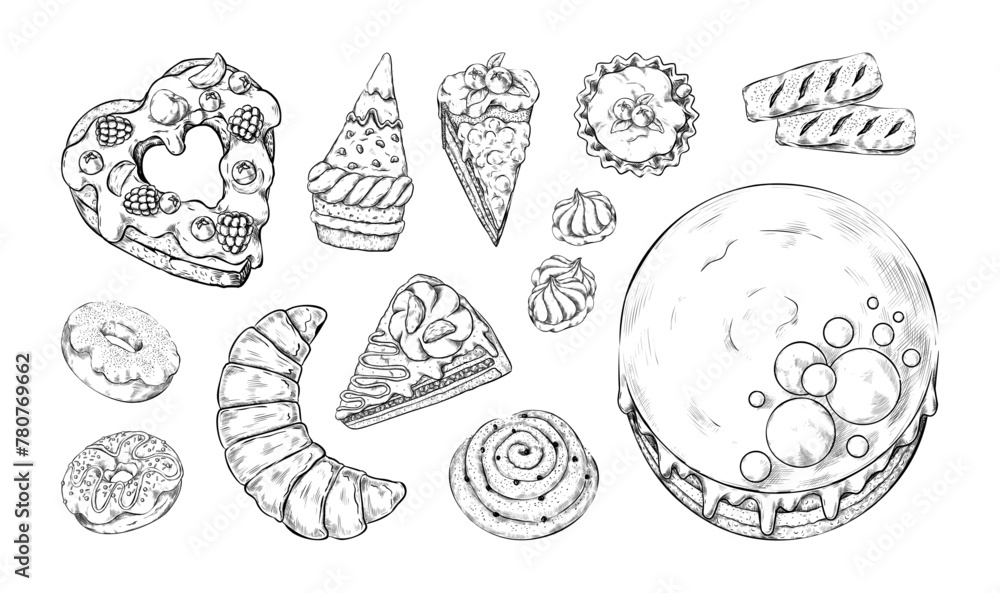 Wall mural dessert sketch. vintage pie cake, croissant marshmallow and donut, apple cheesecake top view for bak - Wall murals