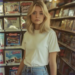 a blonde woman stands amidst a VHS aisle, wearing a plain white T-shirt paired with blue jeans

