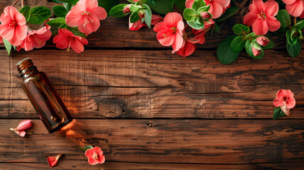 geranium essential oil in a bottle. Selective focus.