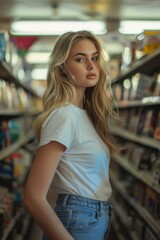 a blonde woman stands amidst a VHS aisle, wearing a plain white T-shirt paired with blue jeans
