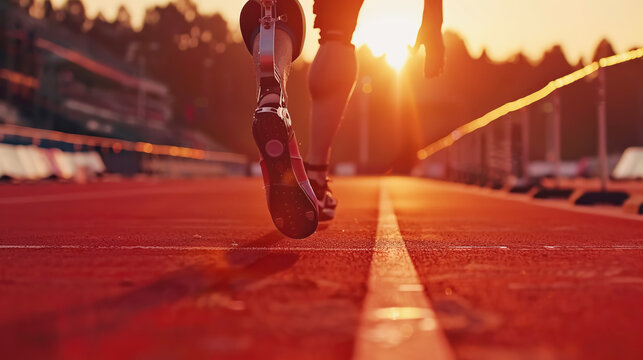 A disabled track and field athlete with prosthetic legs on treadmill against backdrop of sunlight, movement and perseverance, determination to win. Paralympic sports games, competitions, Olympics