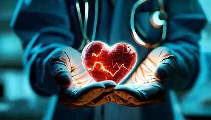 hands of a healthcare professional holding a heart symbol emitting an ECG