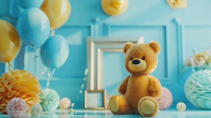 Cheerful Teddy Bear Party Setup with Vibrant Balloons and Decorations - obrazy, fototapety, plakaty