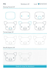 How to Draw Doodle Pig, Cartoon Character Step by Step Drawing Tutorial. Activity Worksheets For Kids
