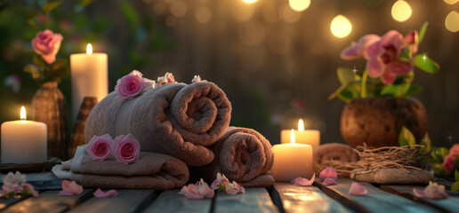 Rolled spa towels adorned with roses, with flickering candles and an orchid in a serene, dimly lit setting.