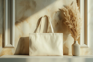 Blank canvas tote bag with pampas grass vase by the window in natural light