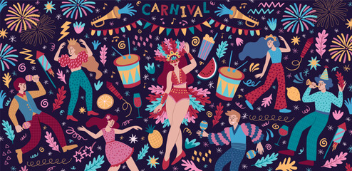 Carnival people. Brazil music street art party, girls and boys in costumes on urban holiday fiesta, samba event. Dancing festive people, banner background design. Vector abstract pattern