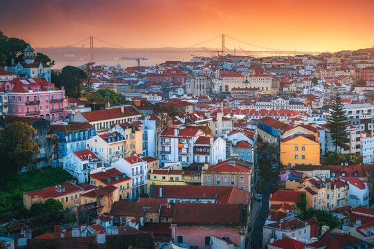 Beautiful panoramic view over Lisbon old city in Portugal with 25 April Bridge at the background