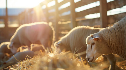 Golden hour at livestock barn, sheep eating fodder. Agricultural scene, farm animals, rural life, ...