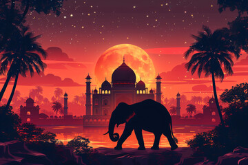 Panorama view of Indian elephant with Taj Mahal at sunset on background. Ancient arab city, east architecture. Happy Independence Day of India. Travel and tourism concept - obrazy, fototapety, plakaty