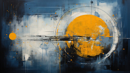 Oil Painting on Dark Blue Background with A White and Yellow Circular Light Objects Designs