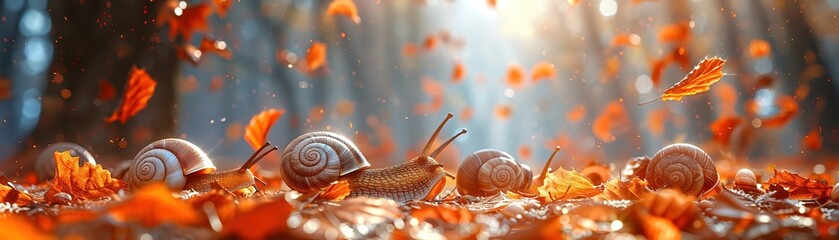 A close ground-level shot shows a snail race - obrazy, fototapety, plakaty