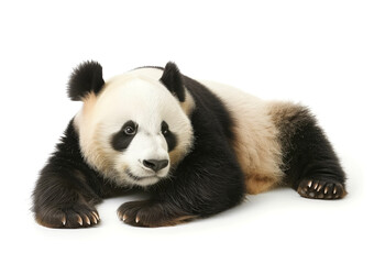 Playful panda lying down on white surface