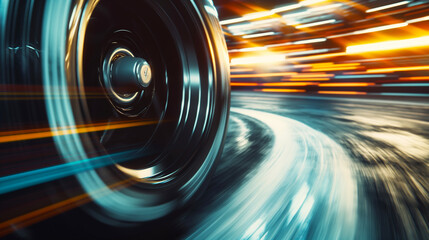 High-Speed Car Wheel in Motion Blur. A dynamic close-up of a car wheel speeding on the road, captured with motion blur that conveys rapid movement. - obrazy, fototapety, plakaty