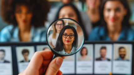 Magnifying Glass Selecting Candidate from Lineup. A magnifying glass focusing on a selected female candidate amongst a diverse lineup of professionals. HR Human Resources Targeting Concept in Business