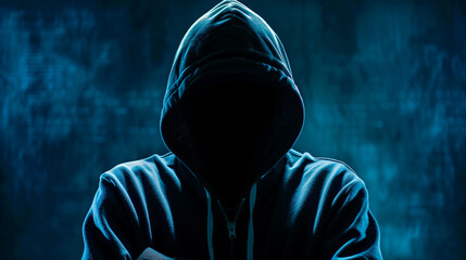 Mysterious Figure in Hoodie with Hidden Face. An ominous silhouette of a person in a hoodie with a concealed face, evoking mystery and anonymity against a digital backdrop. - obrazy, fototapety, plakaty