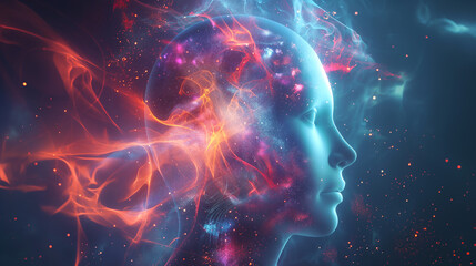 Conceptual Digital Art of Human Mind and Universe. A visually captivating digital artwork blending the human profile with cosmic elements, symbolizing the vastness of human thought and consciousness.
