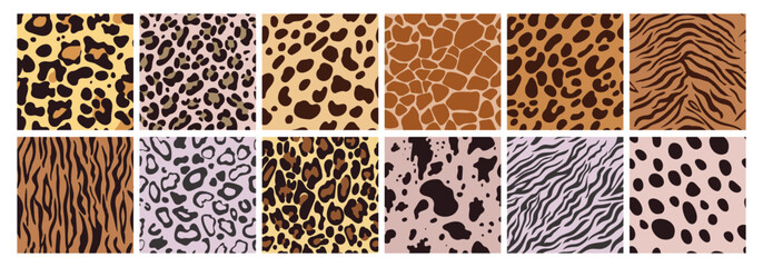 Naklejka premium Animal patterns. Leopard and zebra cute prints, wild cat tiger skin seamless texture, jungle cheetah life, fashion cow leather. Textile, wrapping paper, wallpaper or design fabric. Vector set