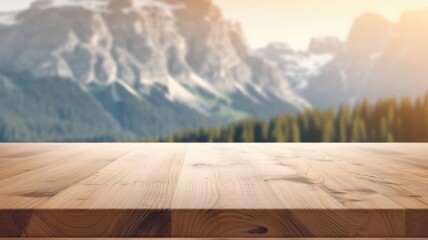 The empty wooden brown table top with blur background of dolomite mountain. Exuberant image. generative AI - obrazy, fototapety, plakaty